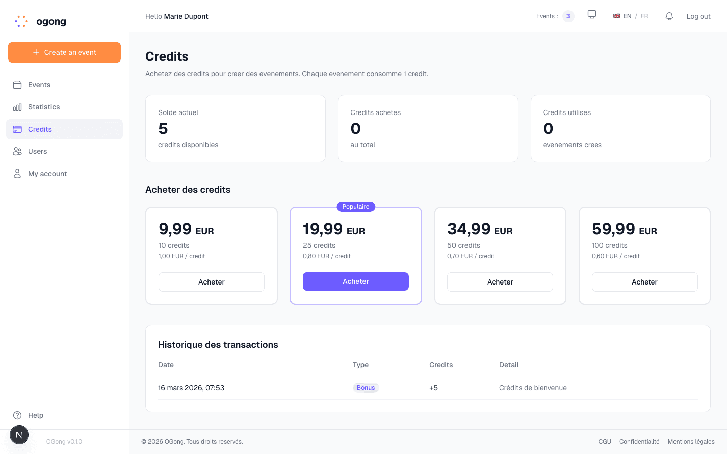 Système de crédits avec tarification Stripe