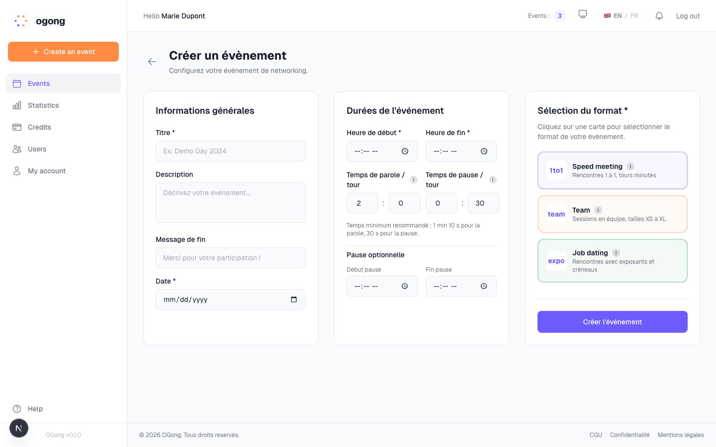 Formulaire de création d'événement avec sélection du format