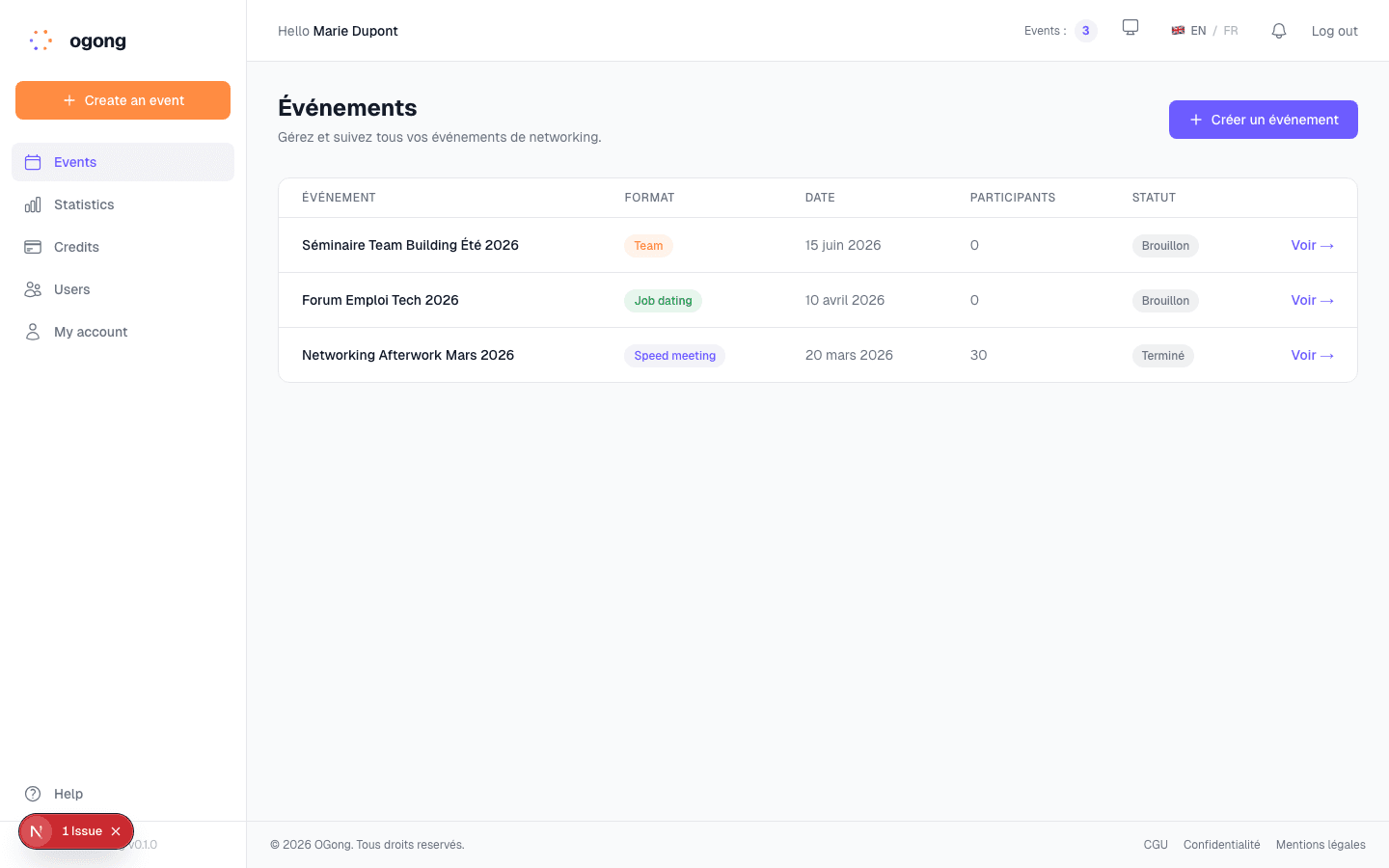 Tableau de bord OGong avec la liste des événements